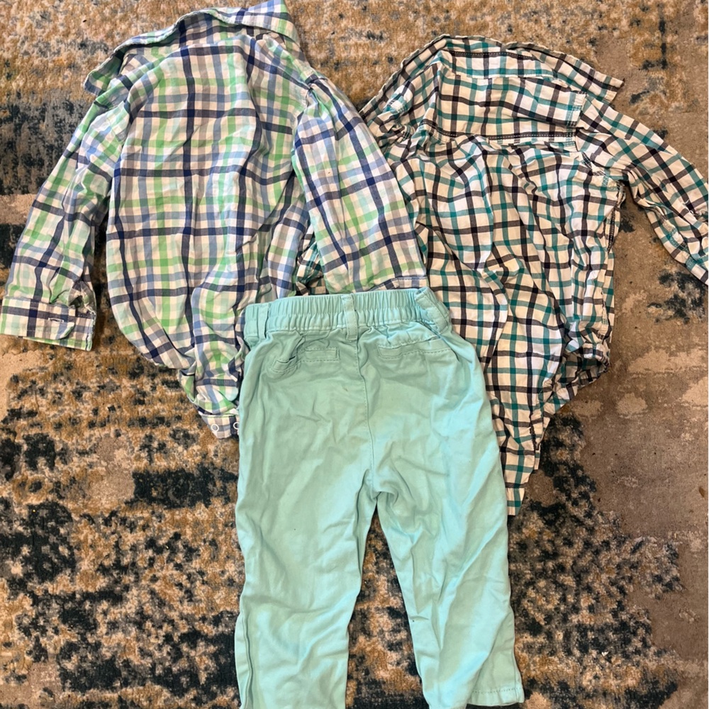 The Children's Place Green and Blue Plaid Button Up Onsie Shirt with Mint Pants